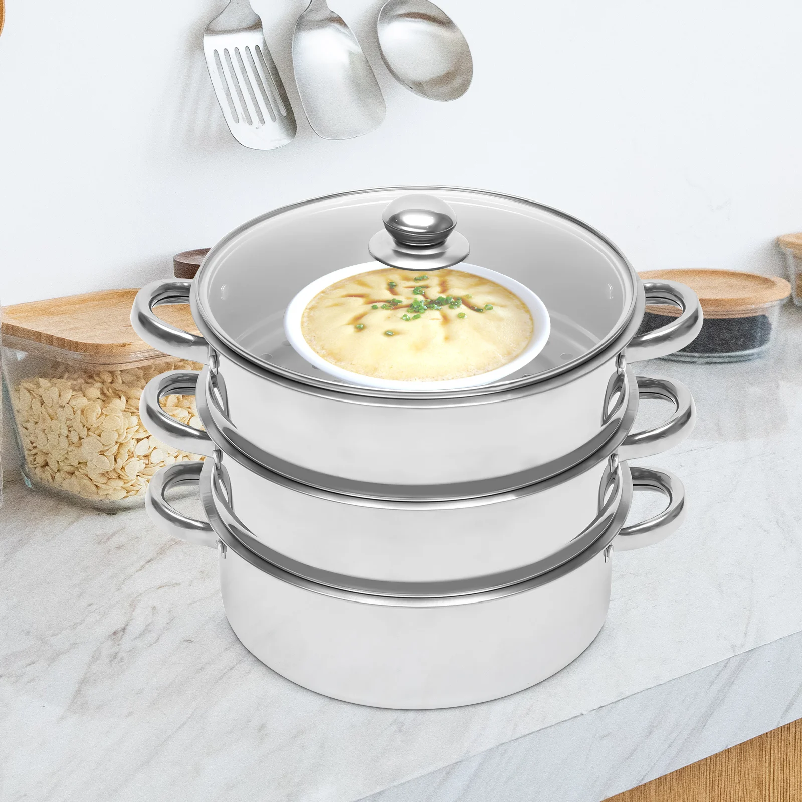 5-Tier Stainless Steel Steamer Steam Cooker Pot with Glass Lid Kitchen Food Vegetable Pot