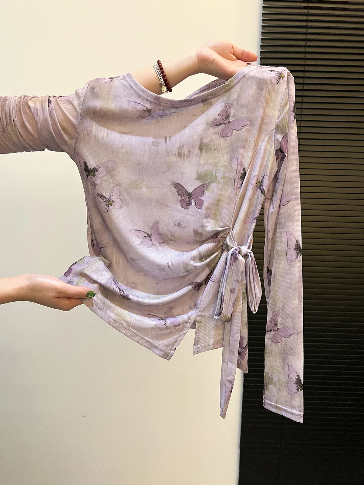 

Long Sleeve Tie Dye Mesh Belted T-Shirt Women Early Autumn New Style Sexy Waist Cinching Bottoming Shirt Korean Style Slim Fit
