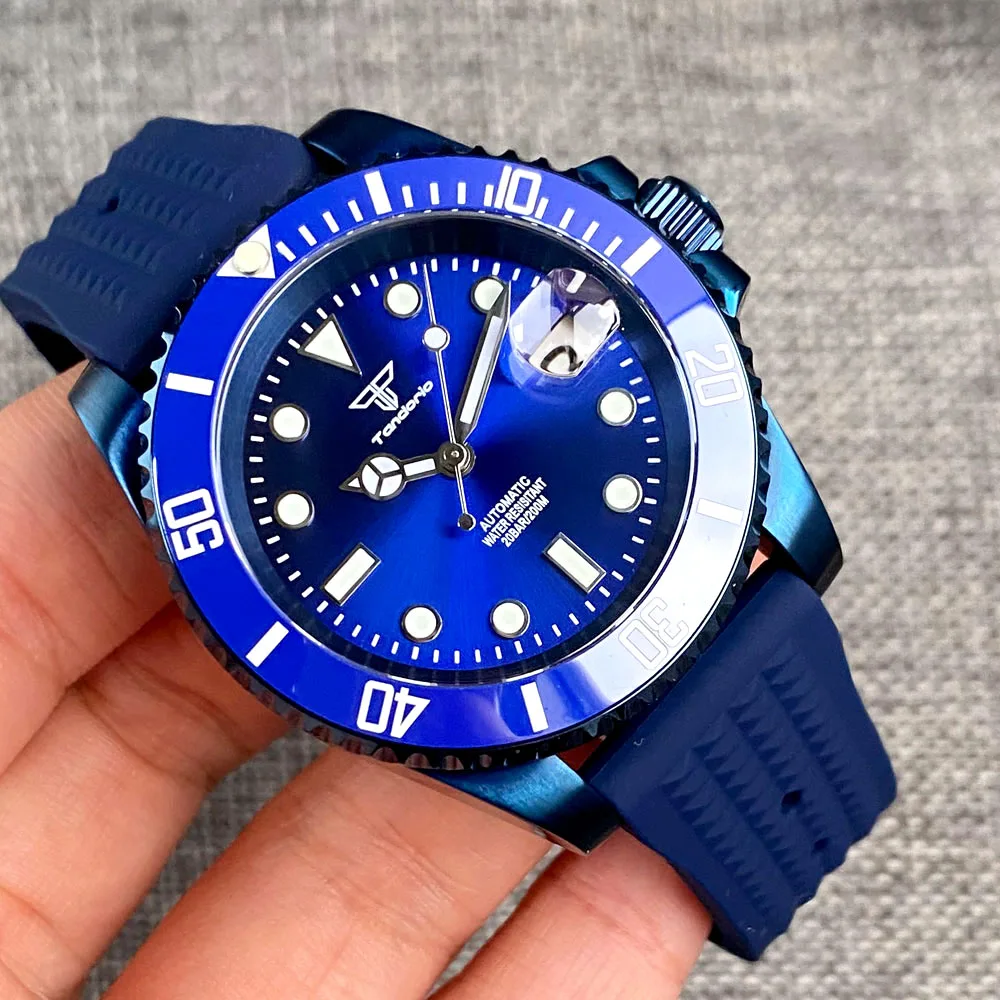 40mm Tandorio 20atm blau beschichtete Männer Uhr Saphirglas Datum Japan Nh35 automatische leuchtende blaue Sunburst Zifferblatt Waffel armband Datum