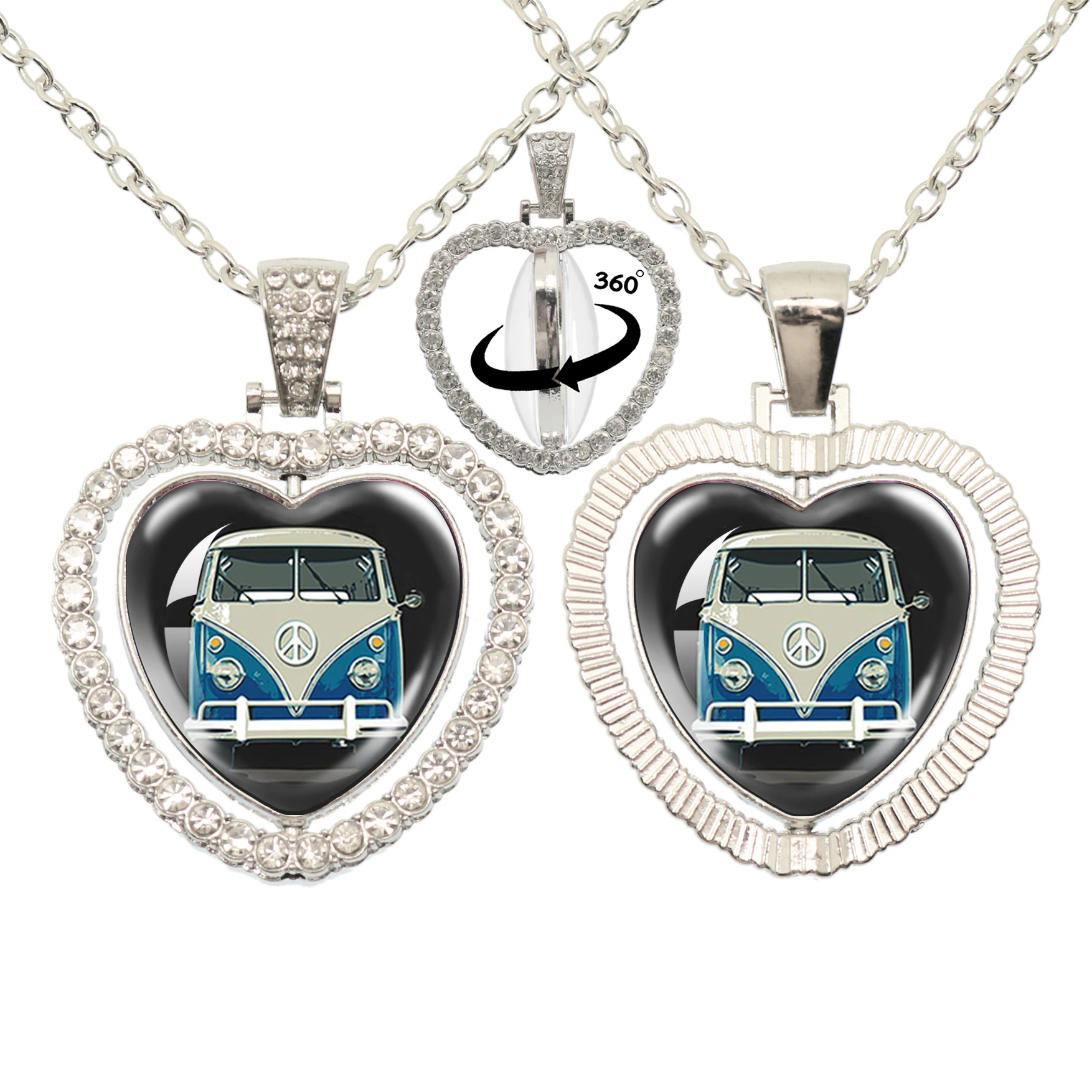 Popular Peace Logo Flower Bus 25mm Peach Heart Double sided 360 degree Rotating Necklace Glass Pendant Printed Photo Necklace