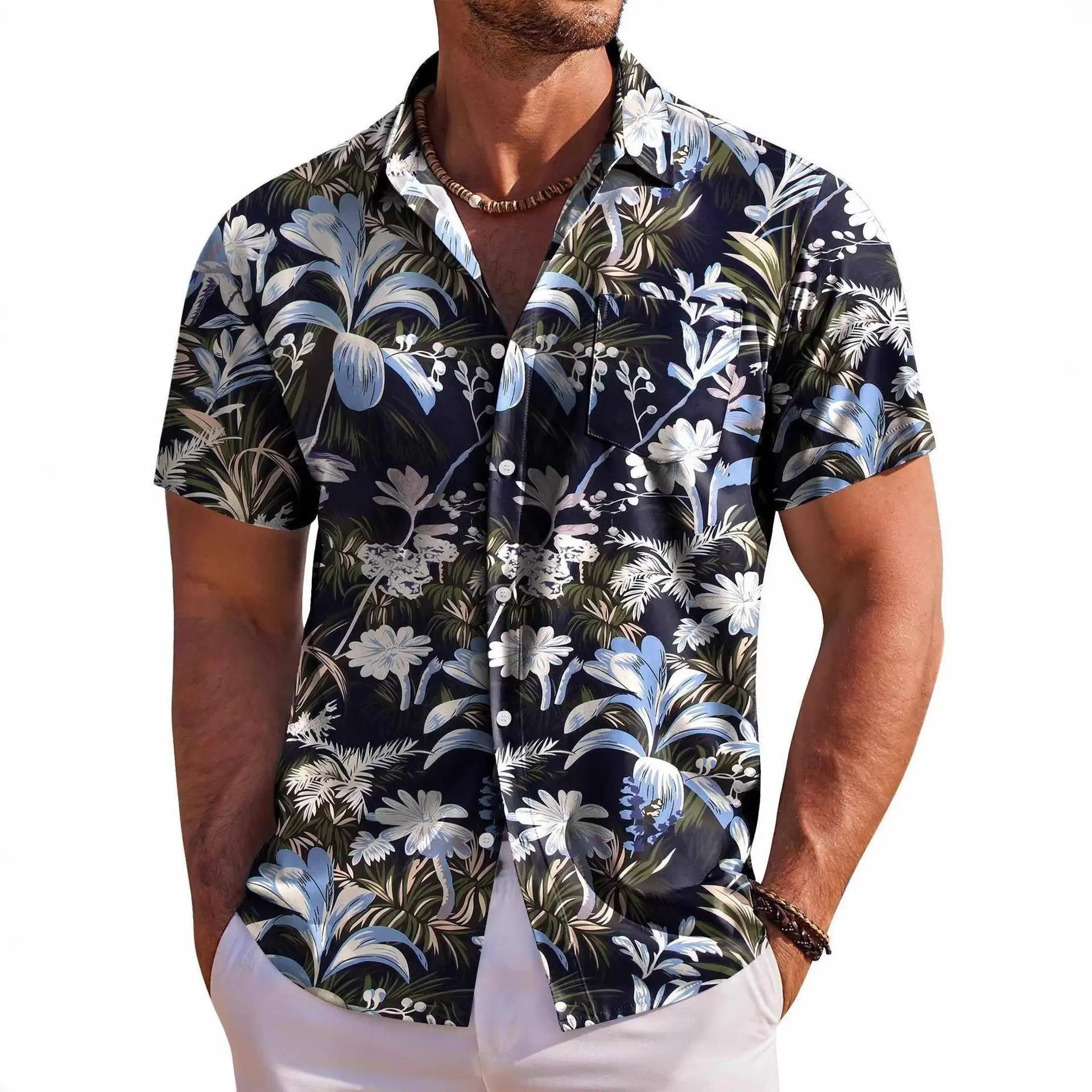Men's Casual Lightweight Summer Beachwear Button Shirt Sve Print PU Leather Loose Fit Short Sleeve Cleanfit Style for Men