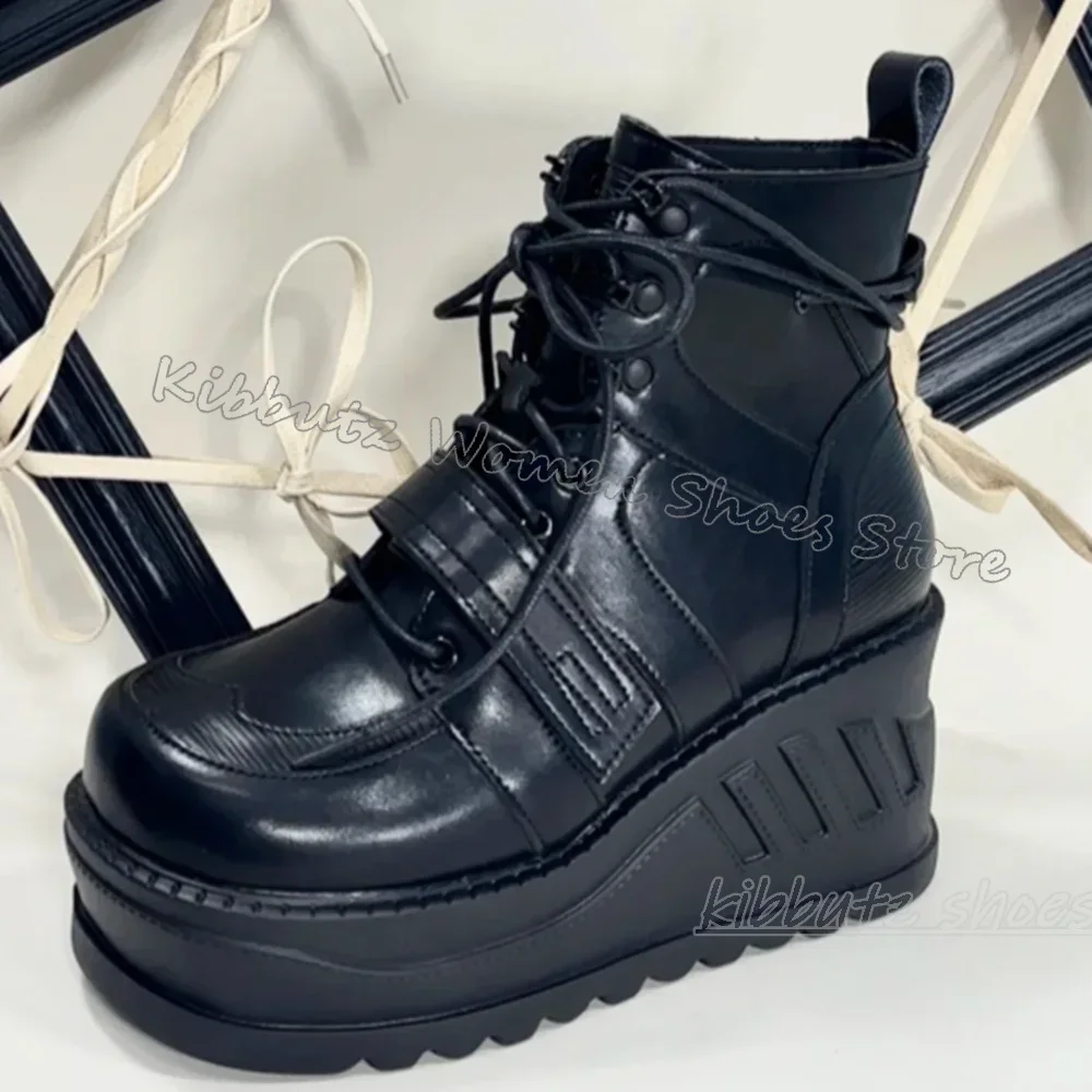 Gothic Sneaker Motorcycle Ankle Boots Round Toe Thick Bottom Leather Solid Color Lace-Up Fashion Elegant Concise Women Shoes New