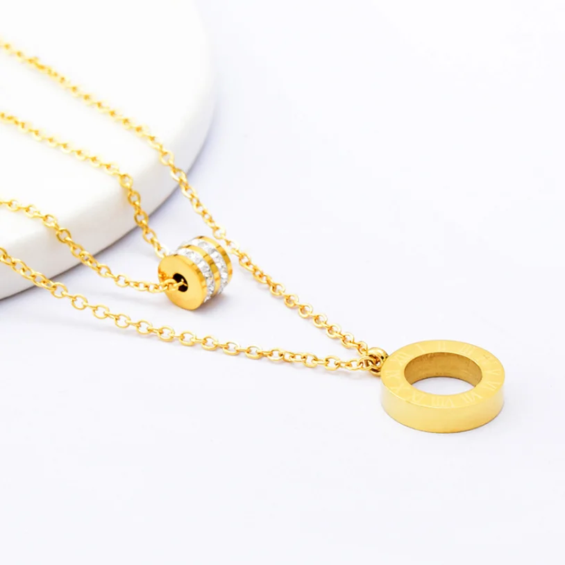316L Stainless Steel Fashion Fine Jewelry 2 Layer Zircon Round Roman Numerals Charms Chain Choker Necklaces Pendants For Women