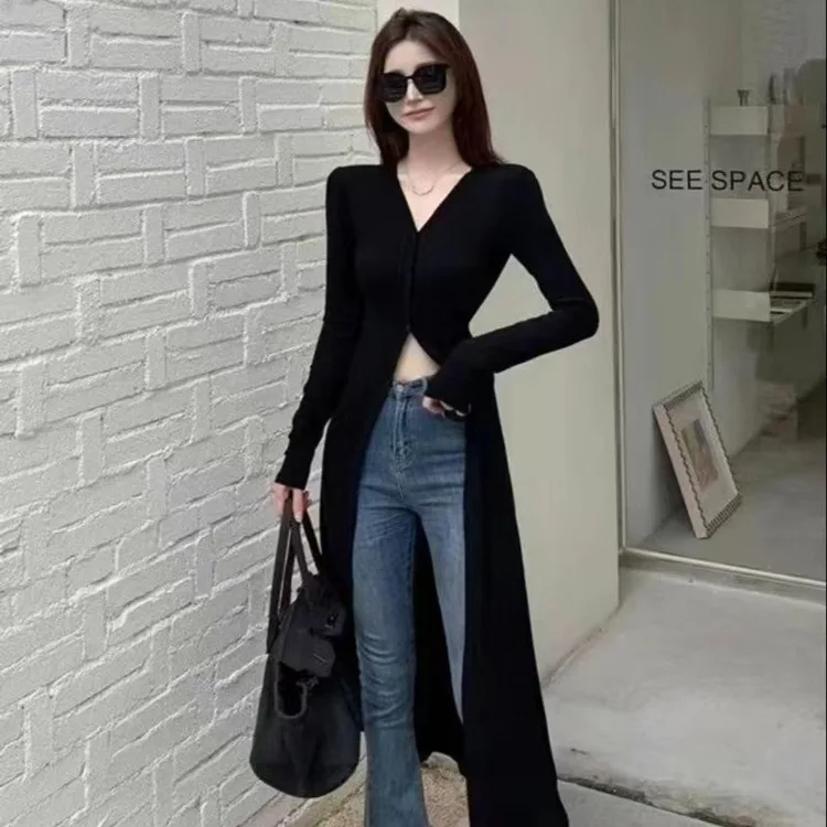 Vintage Lazy V-neck Sun Protection Coat 2024 Summer New Slim Fit Thin Tops Women Y2k Grunge Long Sleeve Cardigan Mujer