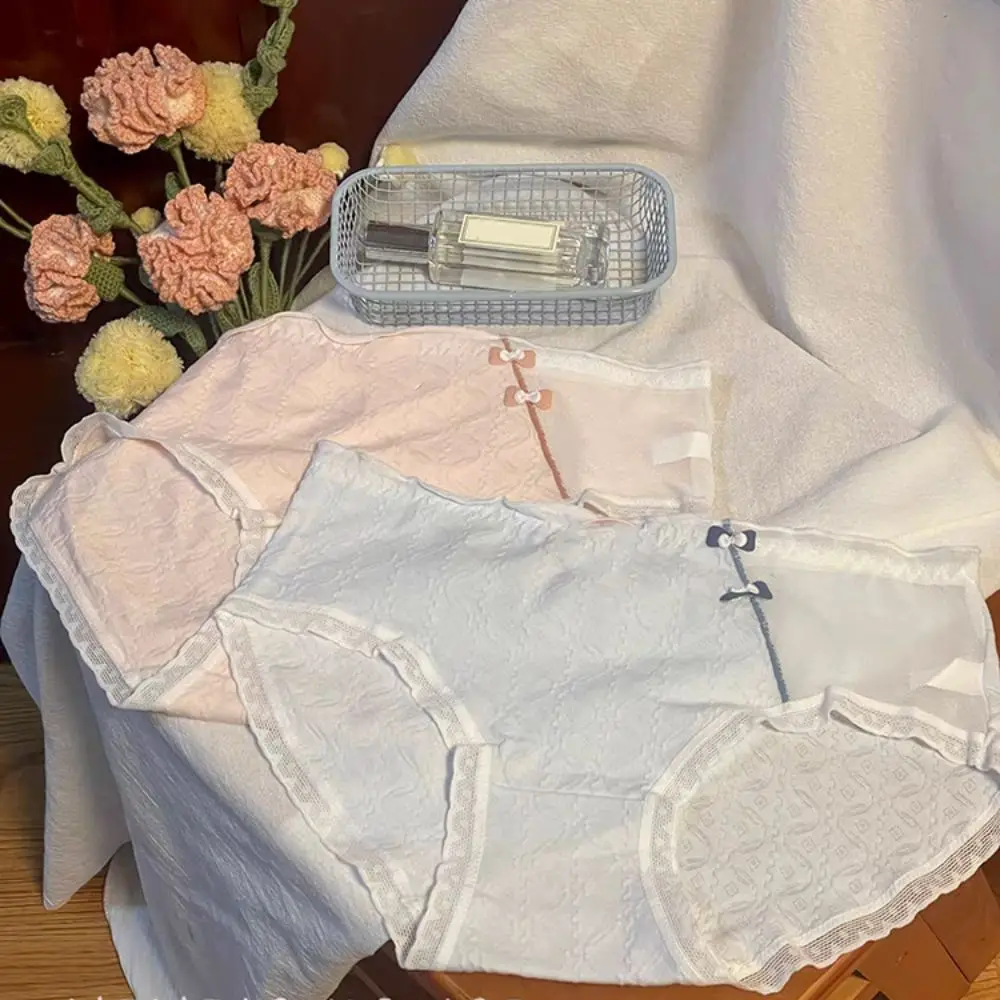 

5PCS Fashion Mid Waist Sweet Panties Underpants Bow Mesh Briefs Underwear Cotton Crotch Seamless Briefs Women Girls