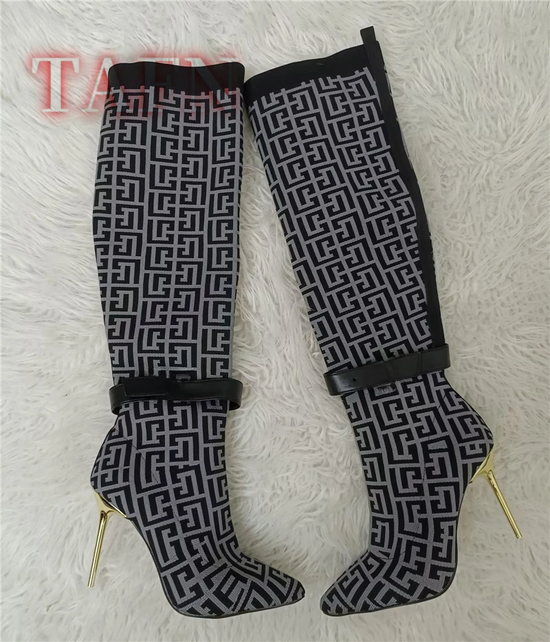 Women Stretch Sock Boots Fashion Monogram Knitting Boots Sexy Pointed Toe Golden Heels Thigh High Botas Fall Winter Shoes Woman view 5