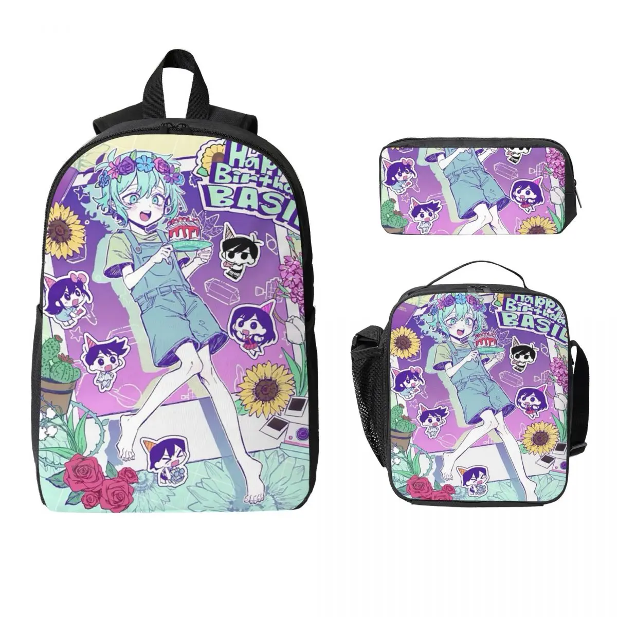 

Omori Basil Backpack Student Boys Girls BookBag School Bag Computer Shoulder Bags 3ps Insulated Lunch Bag Pencil Case