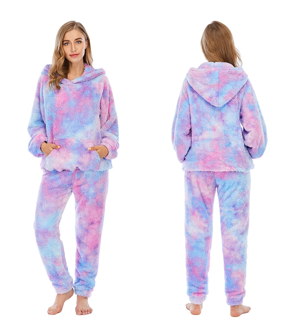 

Flannel Winter Hooded Sleepwear Print Tie Dyed Sleep Suit Nightwear Pajamas Sets Women Homewear Long Sleeves Home Clothes