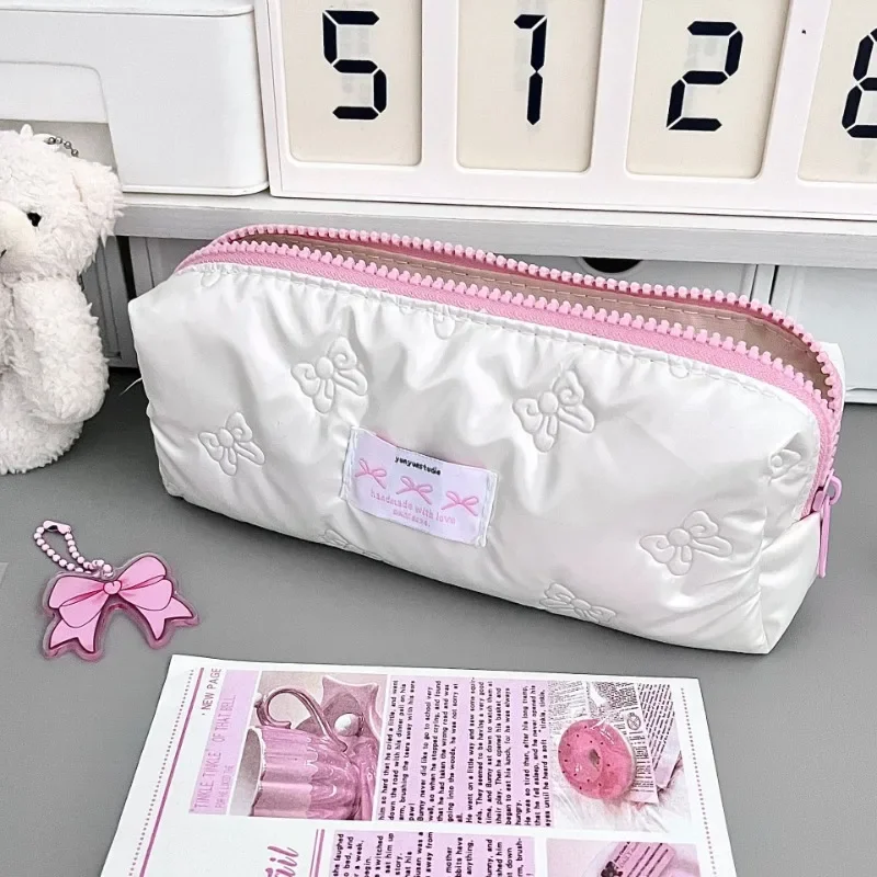 1 Piece Ins Style Student Simplicity Korean Pencil Pouch White Pink Color Bow Pencil Bag Large Capacity Stationery Storage Bag