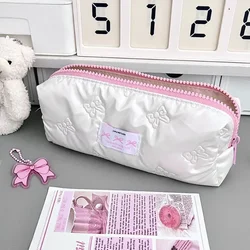 1 Piece Ins Style Student Simplicity Korean Pencil Pouch White Pink Color Bow Pencil Bag Large Capacity Stationery Storage Bag
