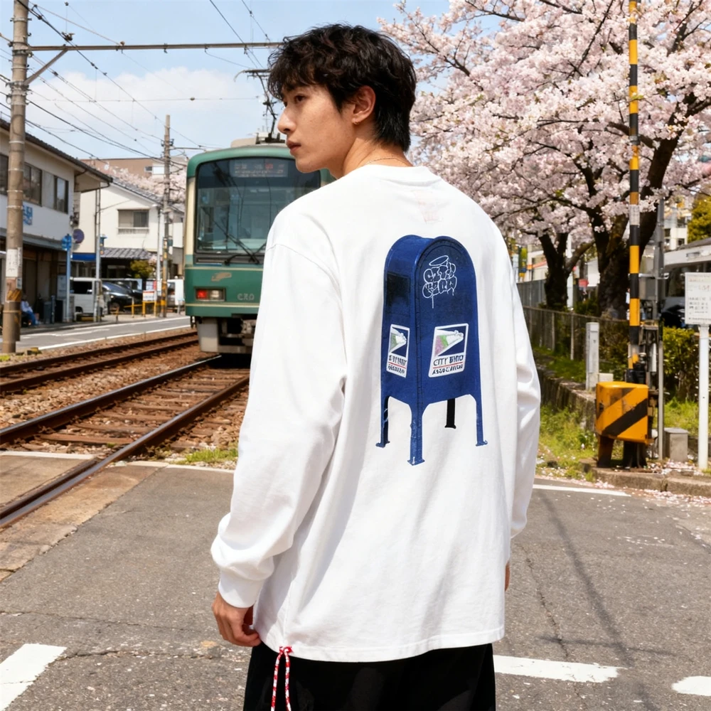 

KUCLUT 1:1 Y2K Japanese Style Quality Printed Streetwear Tee Loose Oversize Casual Tops 100%Cotton Long Sleeves T Shirt For Men