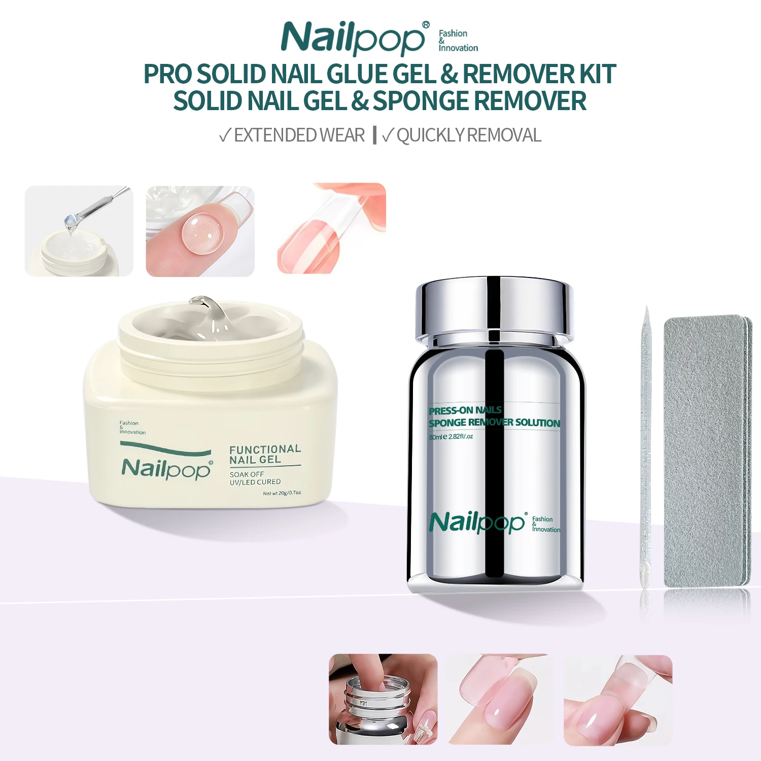 

Solid Nail Glue Gel and Remover Kit For Press On Tips 80ml Glues Remover For Quickly Removes Press-On Nails For Home Manicures