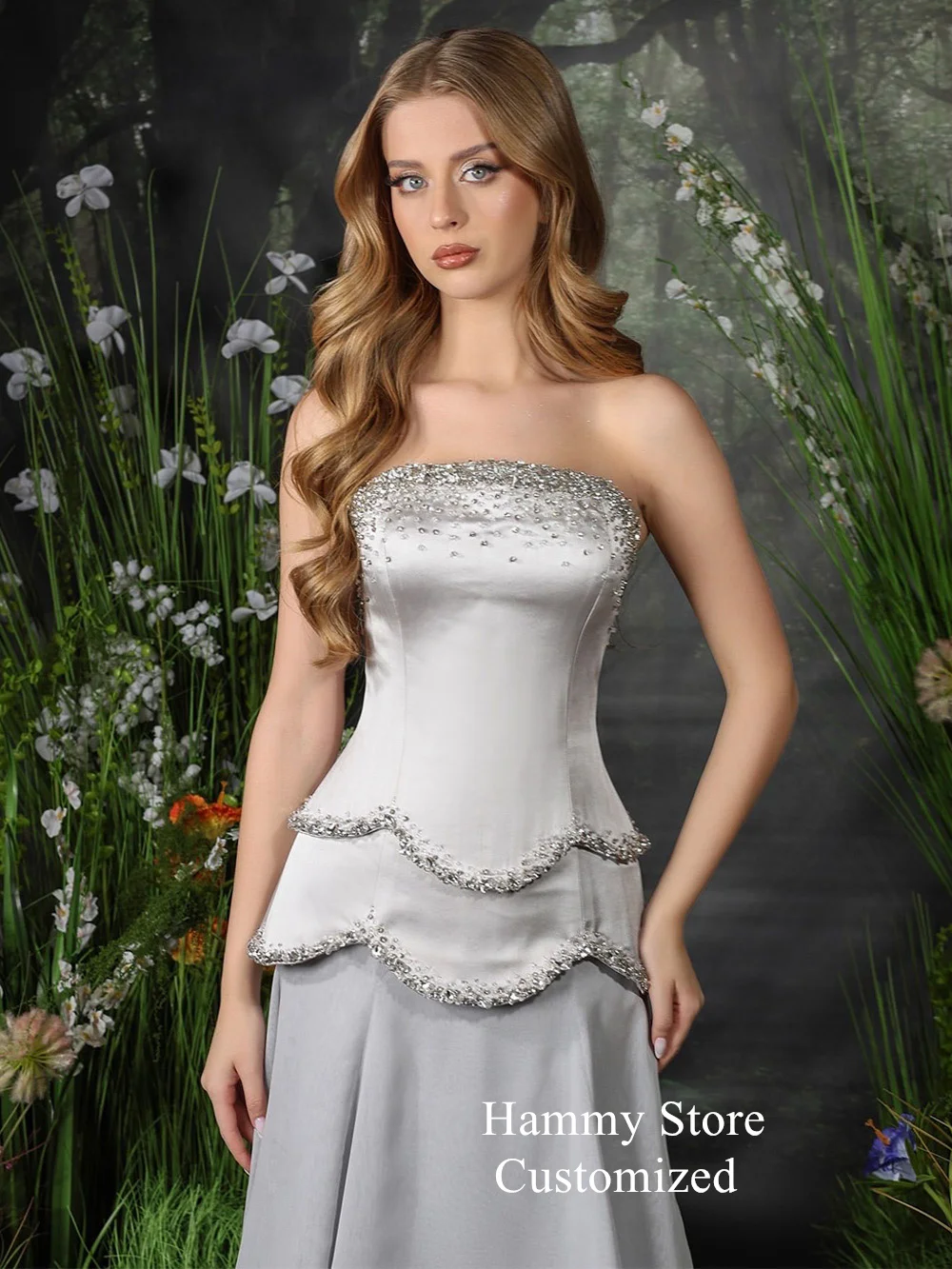 Silver Mermaid Evening Dresses Customized Strapless Sleeveless Beading Crystal Sweep Train Peplum Occasion Dress Prom Gown