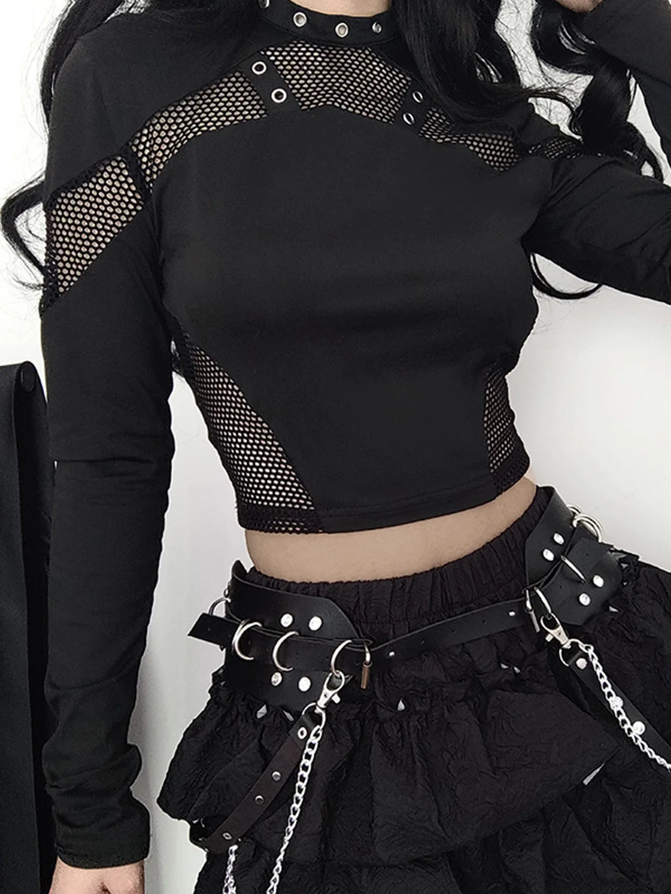 BKLD Spring And Autumn Punk Halloween Fashion Hollow Out Long Sleeve Tops Mesh Patchwork Solid Color T-Shirts Y2K Clothes Women
