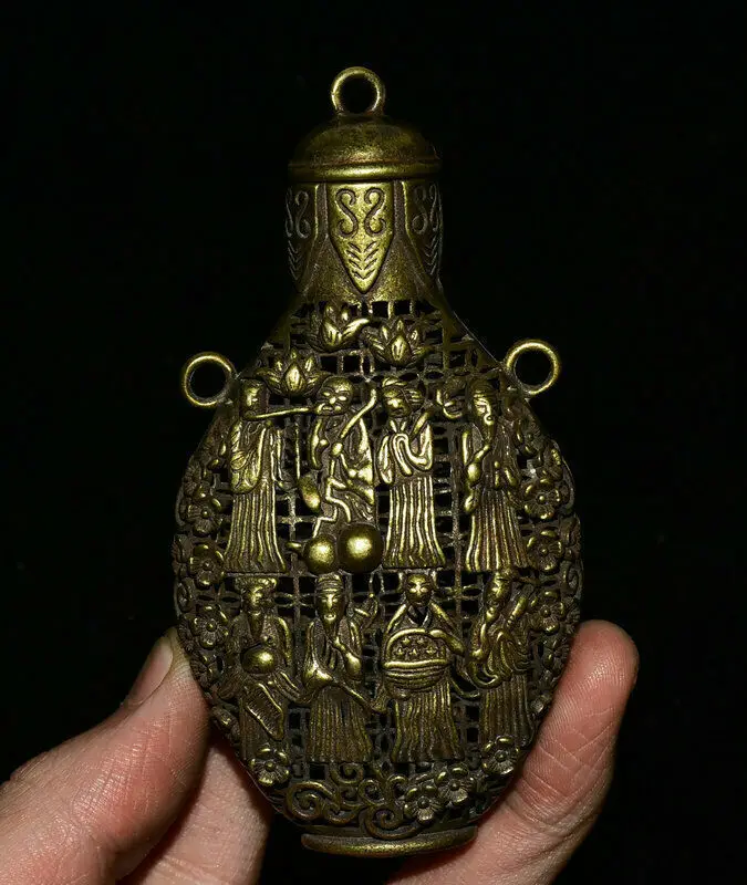 

9.5CM Antique Old Chinese Bronze Gilt Eight Immortals Gods Snuff Bottle Vintage