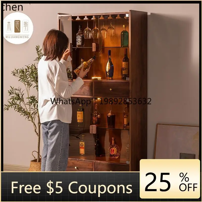 

black walnut solid wood glass wine display storage living room against the wall TV side high and low bookcase