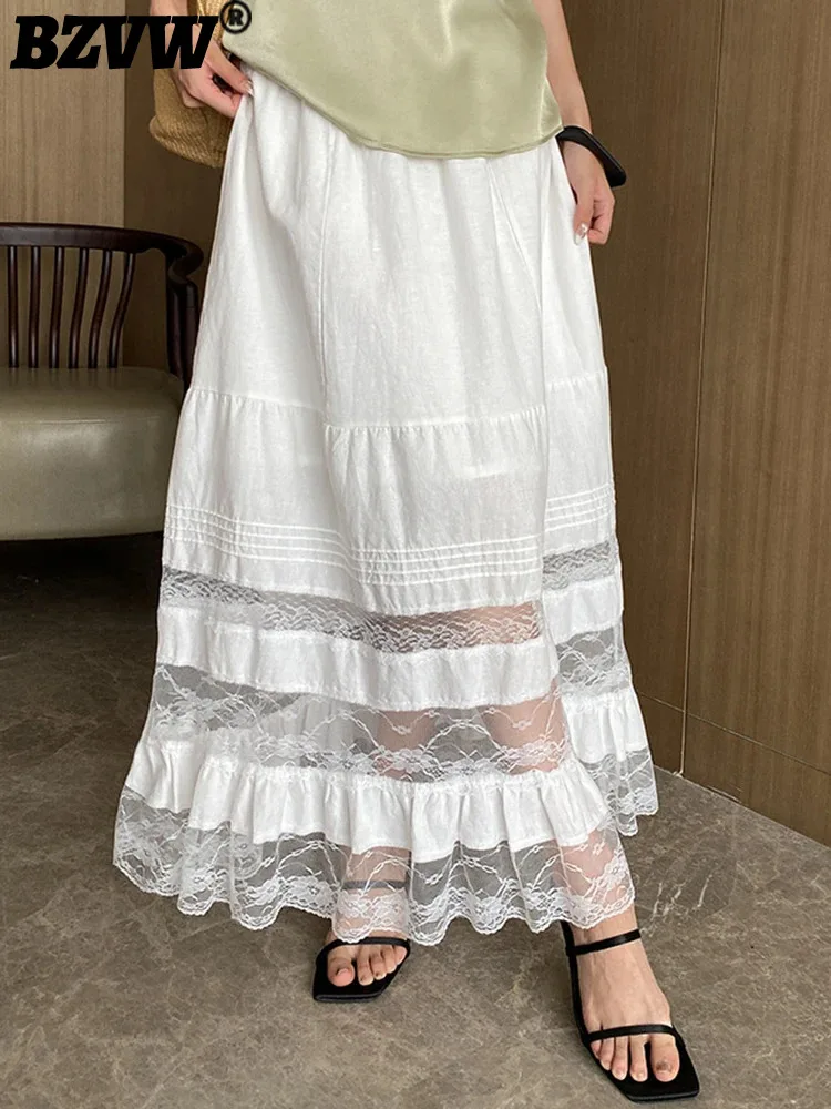 

BZVW Elegant Lace Patchwork A-line Cafe Skirt Women Elastic High Waist Linen Blending Skirts 2024 Summer New Clothing 25A8306