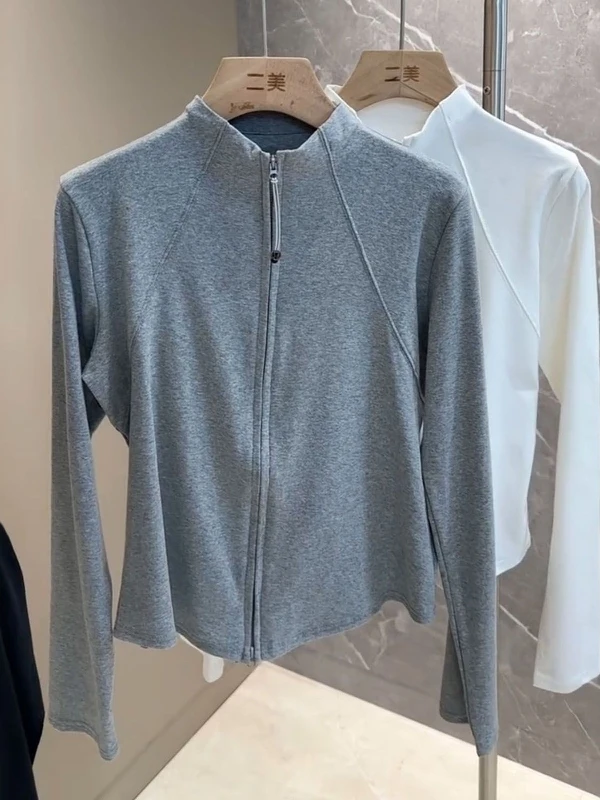 Plus Size 300-Pou-Damen-Cardigan mit langem Sve-Reißverschluss, T-Shirt, Sweatshirt, vielseitiges Basisschicht-Oberteil, hohes Taillen-Design