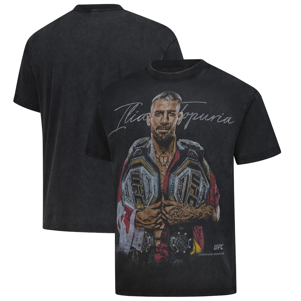 Camiseta Ilia Topuria Double Champ UFC Boxy para hombre, diseño de firma gráfica de campeón, ropa informal para fanáticos de la MMA, Top deportivo teñido Retro