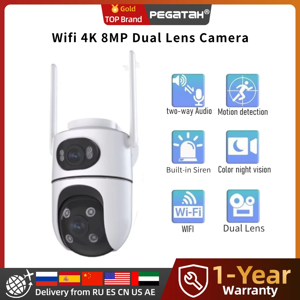 

PEGATAH 4K 8MP Dual Lens Wifi Cam Outdoor PTZ Night Vision Dual Screen Human Detection Security Protection Surveillance Camera