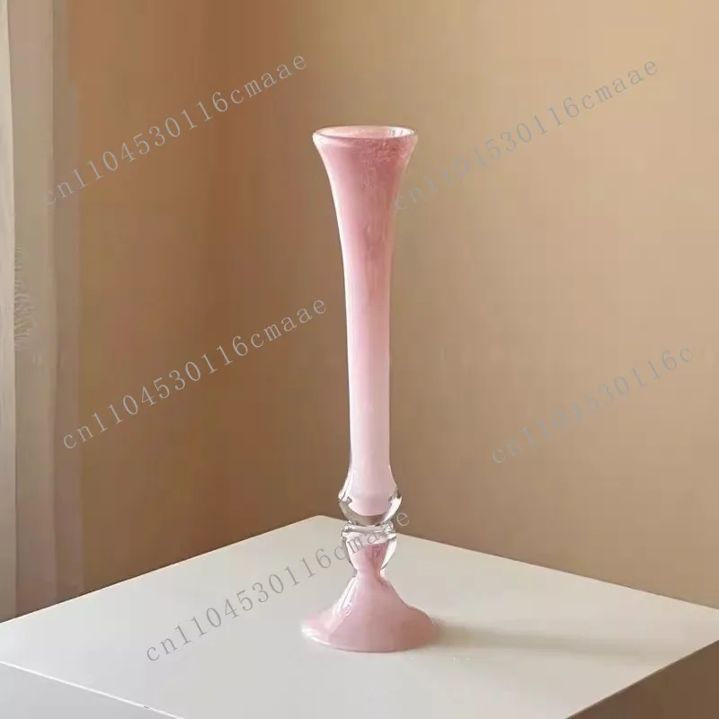 

Light luxury medieval vase long neck high foot glazed pink high-end water raising flowers living room ornament
