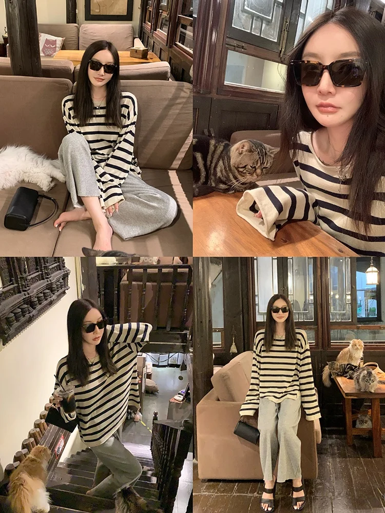 

Летняя льняная футболка с длинными рукавами и полосками, повседневная, для защиты от солнца, с эффектом охлаждения, женский модный топ премиум-класса