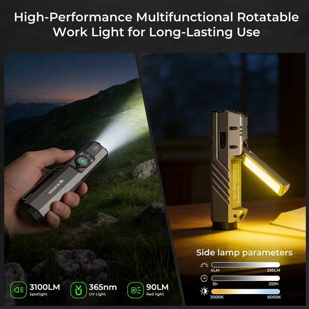 Wurkkos HD05 Flashlight 3000LM LED 21700 Rechargeable Battery Extra-long Battery Life Multifunctional Hunting Hiking Searchlight