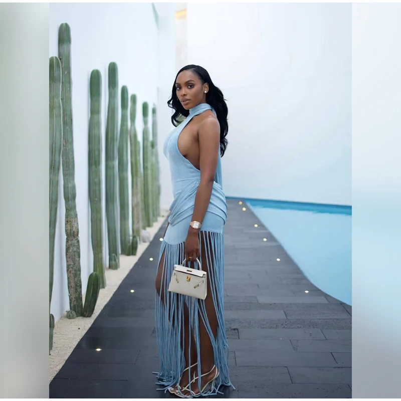 Women Sexy Tassel Patchwork Maxi Dress Elegant V-neck Wide Strap Sleeveless Waist-cinching Slim Fit Dresses Chic New Party Gowns