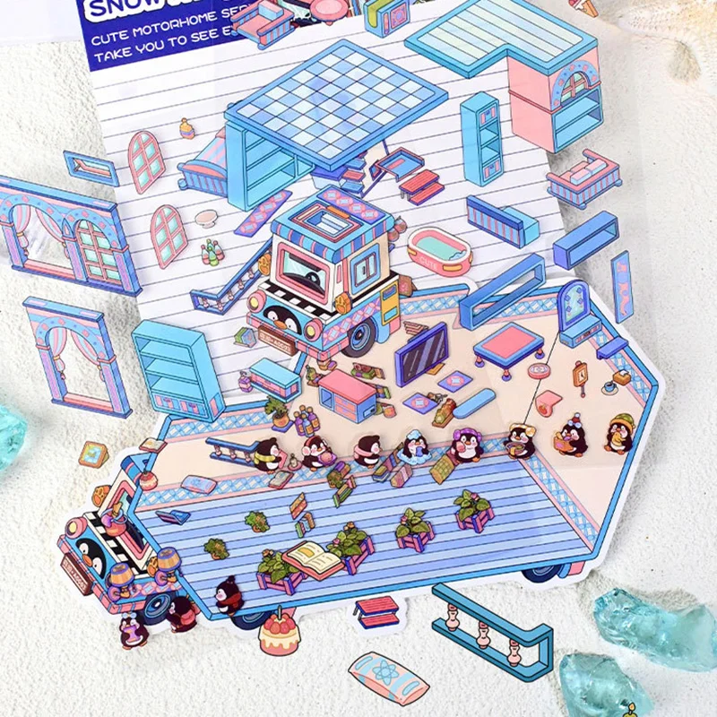 طفل الأطفال لطيف الكرتون RV المشهد اليدوية ملصقات صناعة يدوية البطريق الكلب الحيوان الملصقات مصغرة المشهد ملصق الضغط