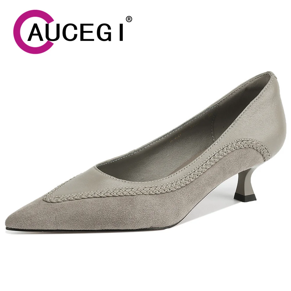Aucegi Hot Sale Women New Trendy 5cm Mid High Heels Pumps Sexy Pointed Toe Patchwork Elegant Party Dress Manual Made Shoes