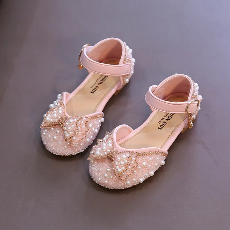 Girls Party Shoes Elegant Rhinestone Fashion Children\'s Leather Shoes Versatile Sweet Kids Princess Wedding Dress Flats Sandals