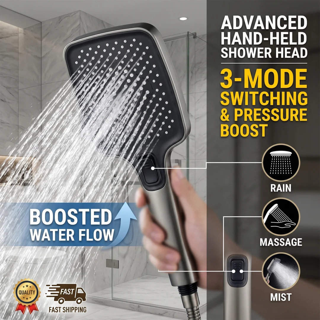 High Pressure Handheld Shower Head with 3 Spray Modes, Super Boost, Large Rainfall, Strong & Gentle Flow
