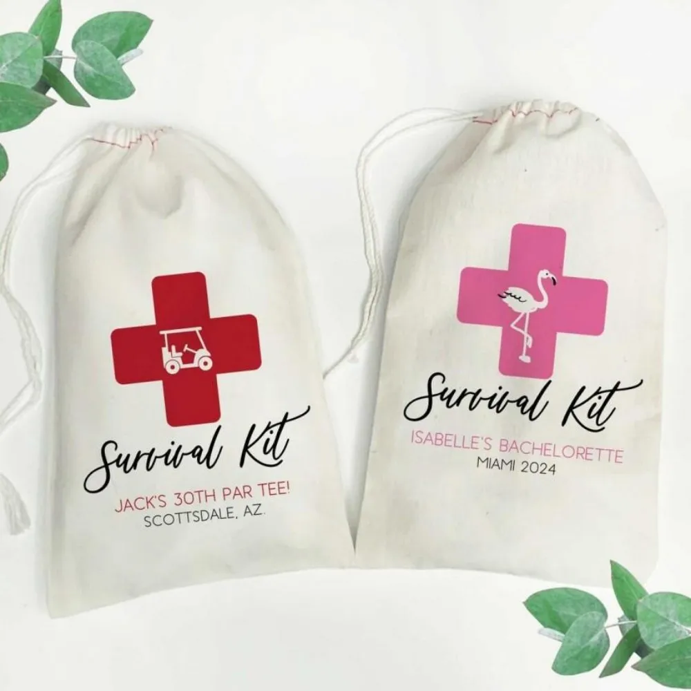 Sacs de kit de survie personnalisés, sacs de faveur d'anniversaire, kits de récupération de gueule de bois personnalisés pour voyage de filles, faveurs de fête d'enterrement de vie de jeune fille, 25 pièces