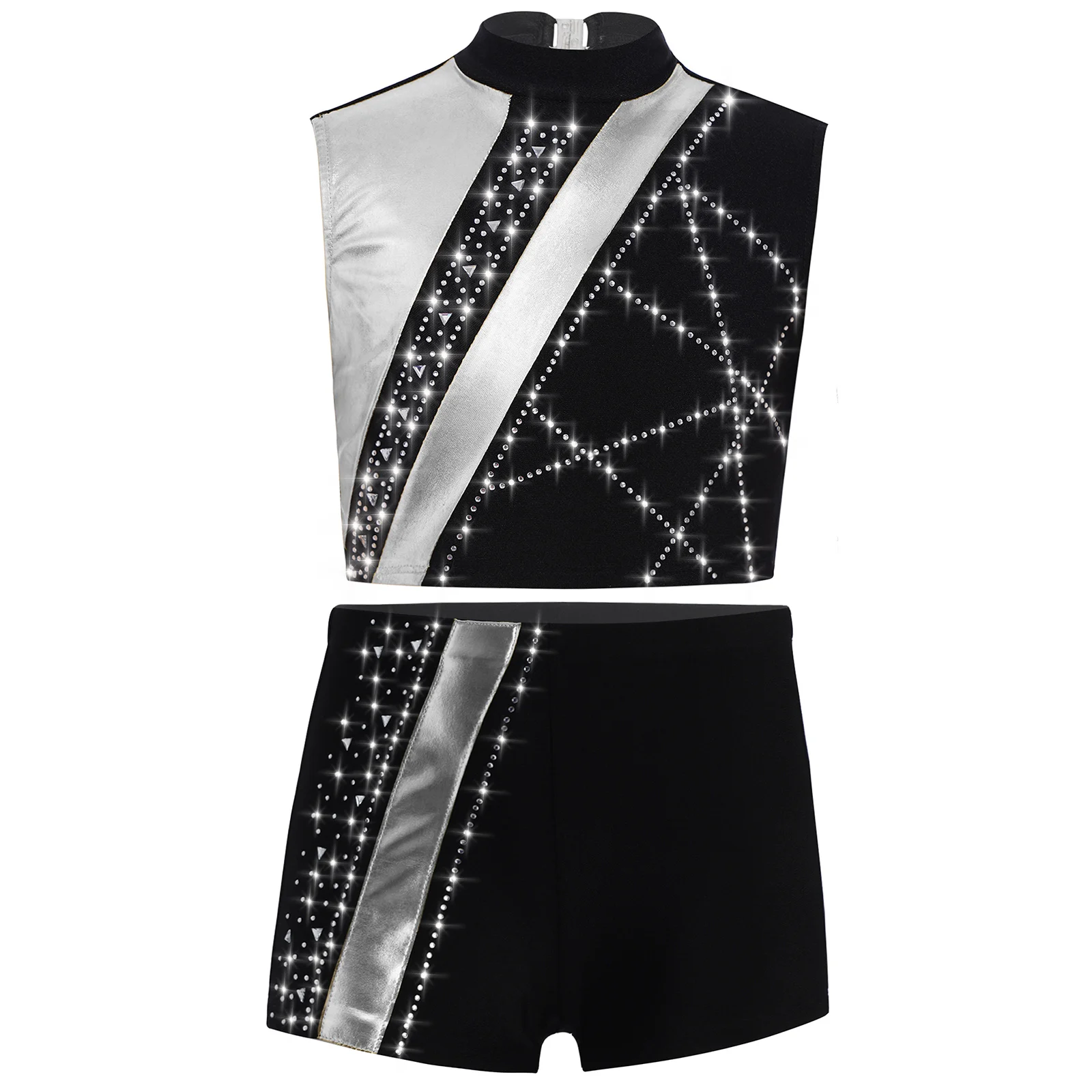 زي أداء رقص الباليه للفتيات بدون أكمام وأحجار الراين اللامعة مع شورت قصير معدني مع ملابس تمارين اليوغا