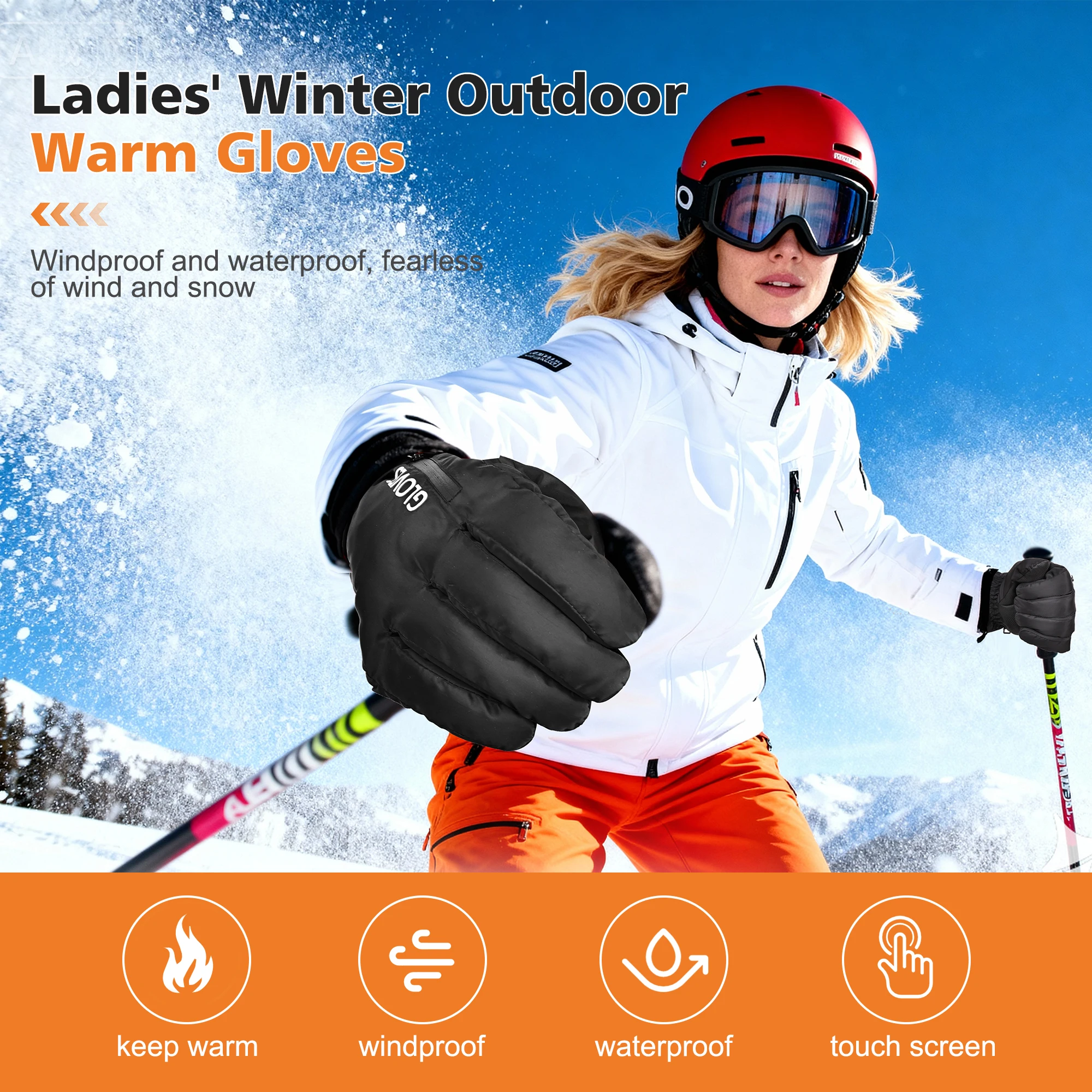 ถุงมือสกีสำหรับผู้หญิงในฤดูหนาว มีซับในนุ่มและหนา กันน้ำและกันลื่น มีกระเป๋าซิป สำหรับกิจกรรมกลางแจ้ง