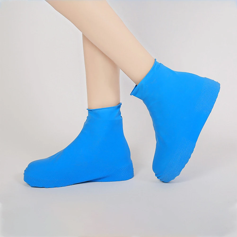 

2 Pairs Anti Slip Waterproof Shoe Covers Blue Color Fits All Reusable Rain Overshoes Wear Resistant Latex Material Easy Clean