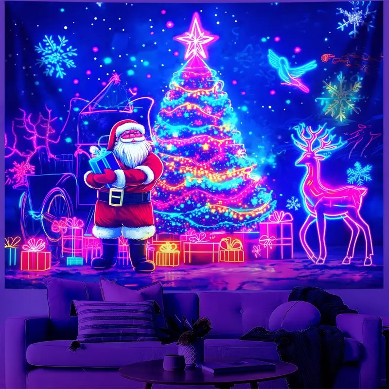 VIKAMA Neon Christmas Santa Tree Reindeer Blacklight Tapestry UV Reactive Holiday Wall Hanging Home Decor Soft Durable Cozy Gift