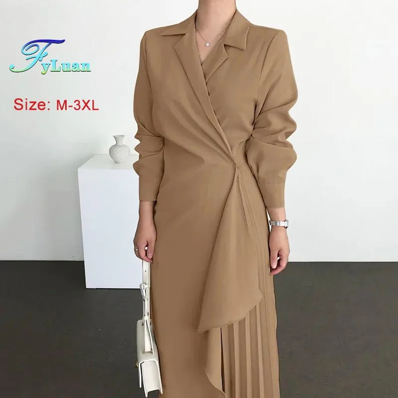 Vrouwen formele elegante shirtjurk retro lange effen kleur hoge taille jurk turn-down kraag lange mouw vrouwelijke woon-werkkleding