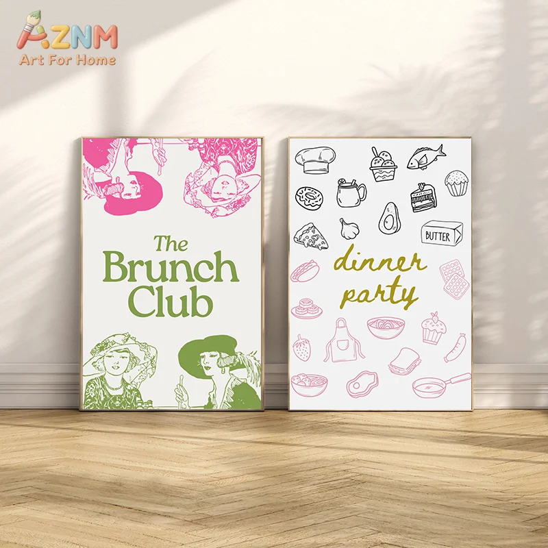AZNM Pastel Brunch Dinner Club Canvas Poster Frameless Wall Art Pink Green Line Drawing Wine Food Party Quote Print For Kitchen