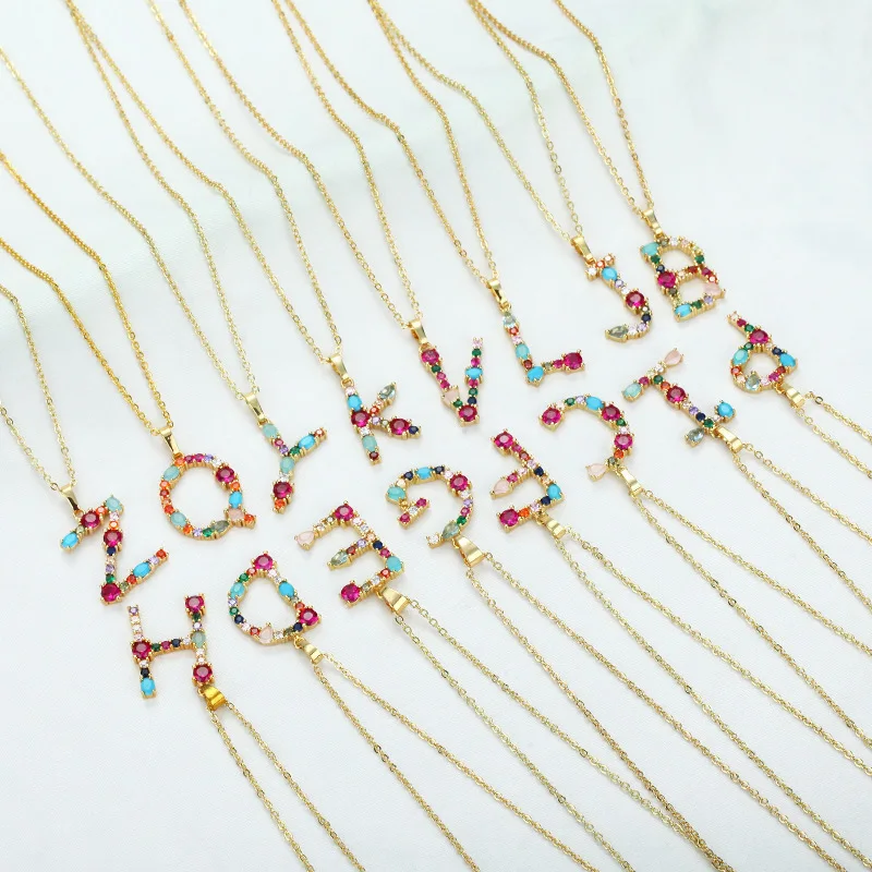 2025 New Colourful Crystal CZ 26 Capital Initial Letters Pendant Necklace For Women Gold Pendant Necklace Initial Name Jewelry