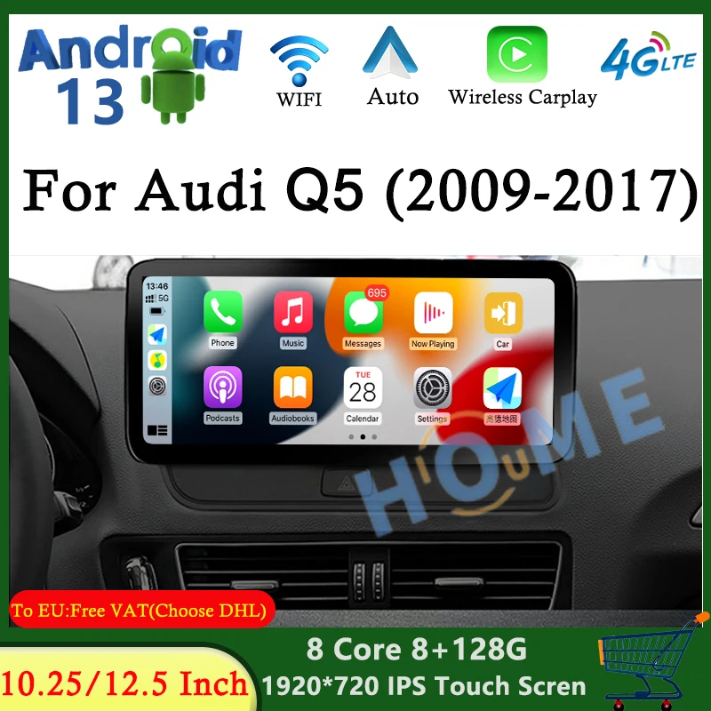 

10.25" For Audi Q5 2009 -2017 Android 13 8+128G CarPlay Auto Radio Audio Stereo DSP 4G Wifi Car Multimedia Player GPS Navigation