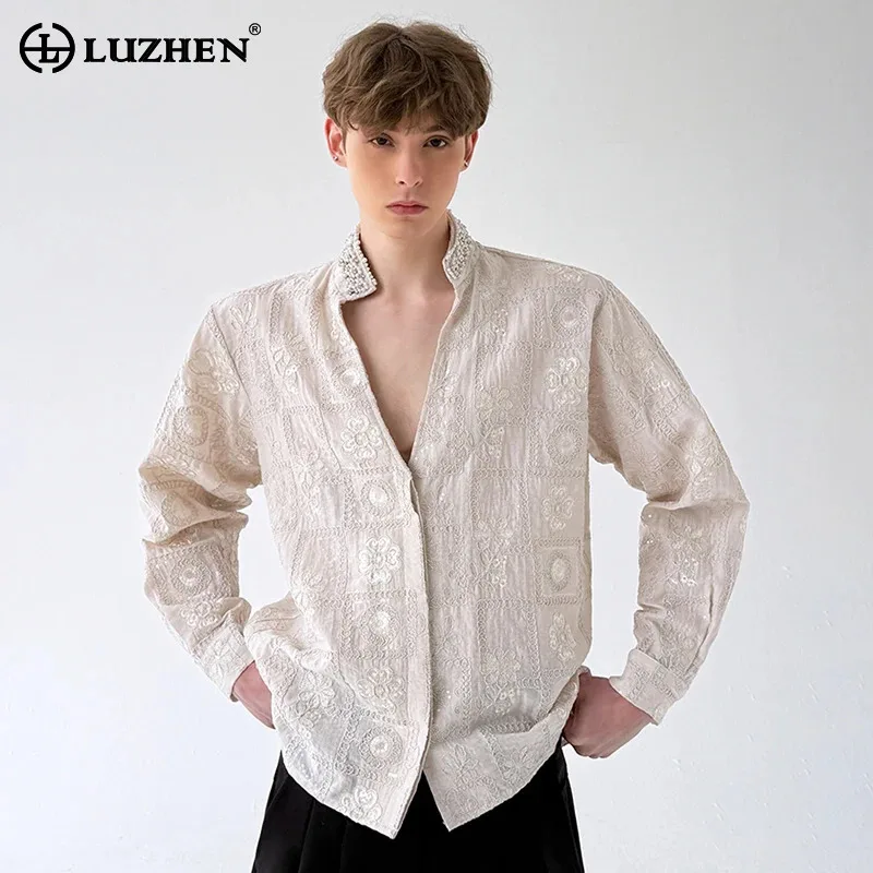 LUZHEN Long Sleeve Luxury Patchwork Neck Original Design Pearl Shirts Men's 2026 New Fashion Pattern Embroidery Clothes JY9480