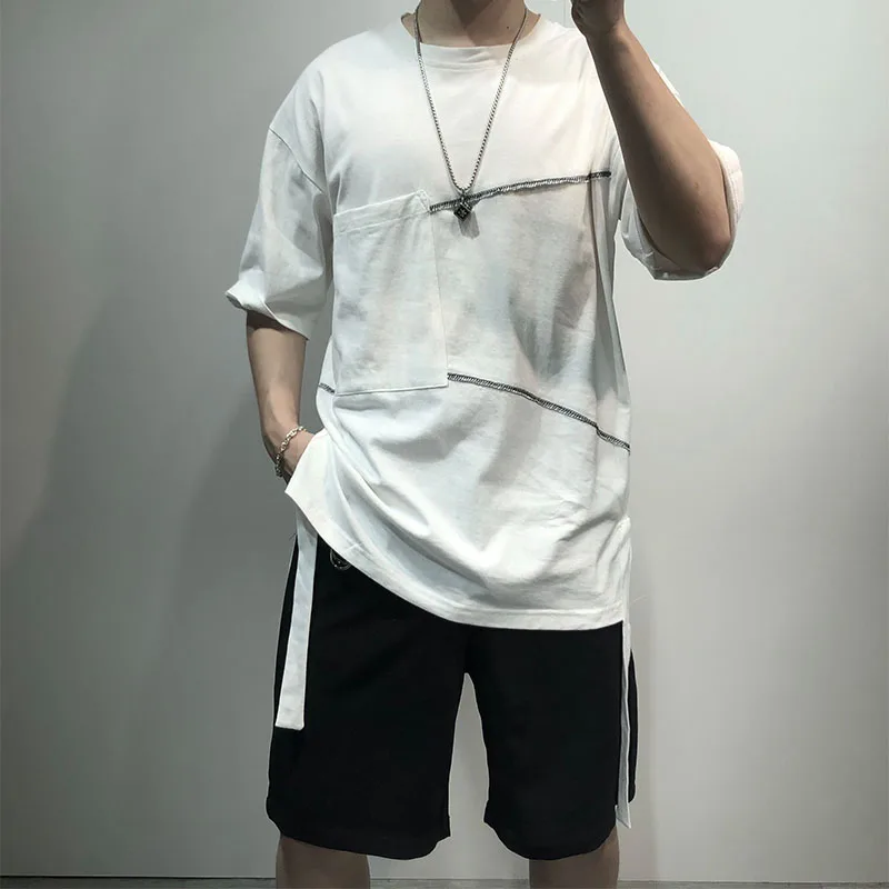 

Men's Drop Shoulder T-Shirt Summer Large Diablo Personalized Hem Split Ribbon Design Large Pocket Loose Tooling T-Shirt