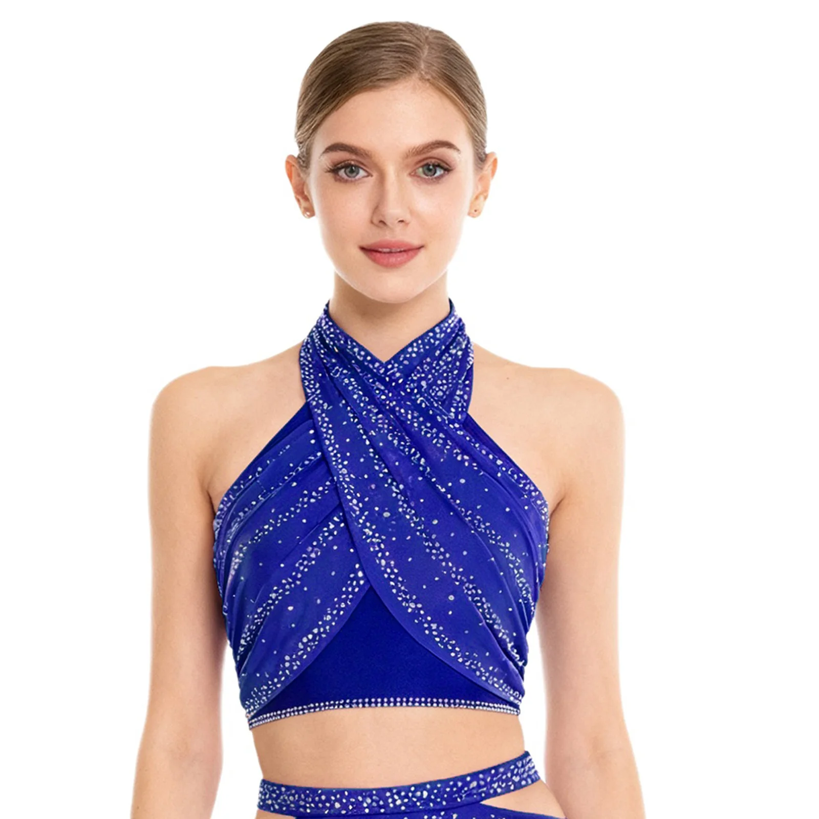 Vrouwen Salsa Cha-Cha Latin Danskostuum Halter Tops Mouwloze Vesten Backless Glanzende Steentjes Front Cross Mesh Crop Top