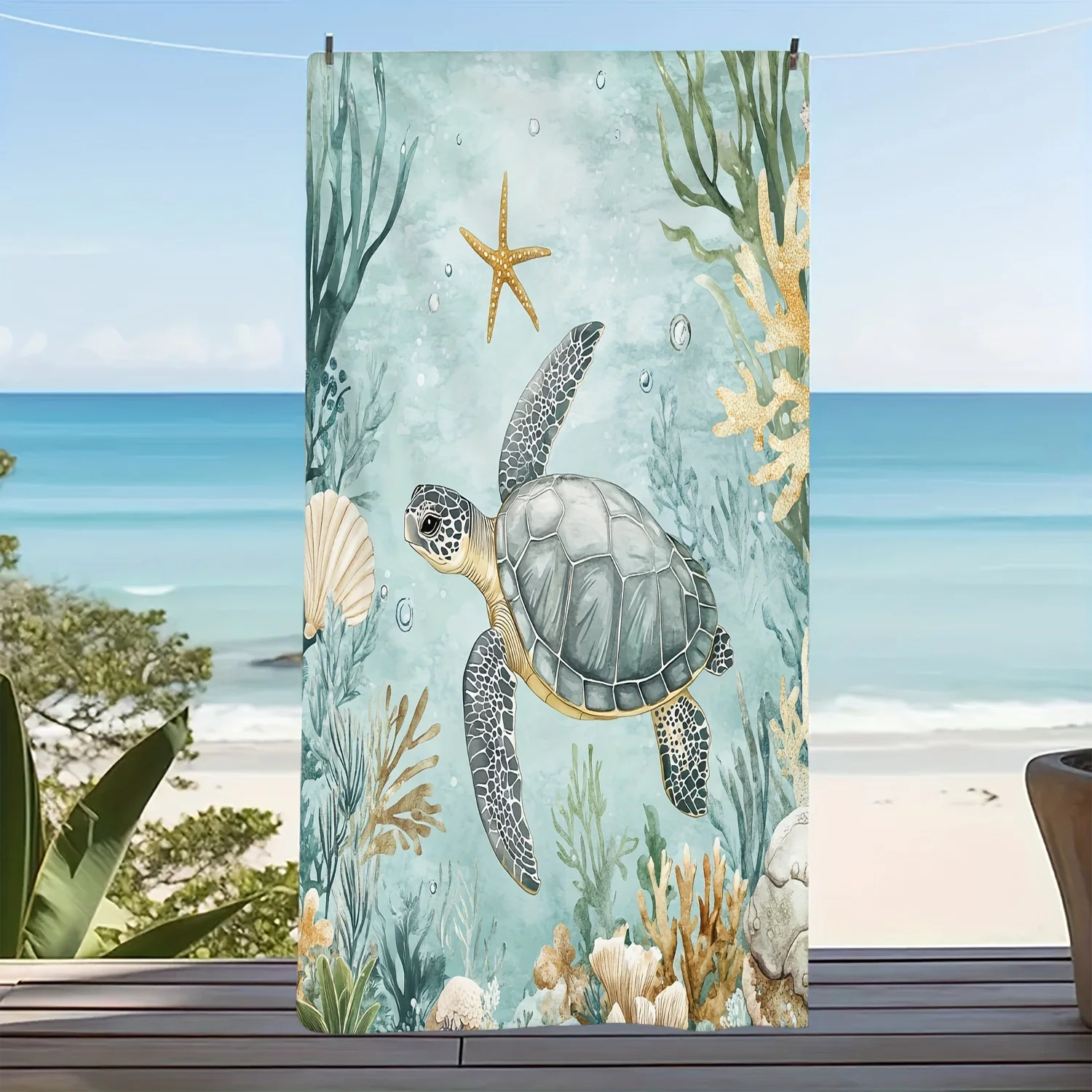 Vintage Sea Turtle Microfiber Beach Towel Extra Large Soft Comfortable Knit Fabric Towel with Fantasy Marine Pattern Quick-Dry