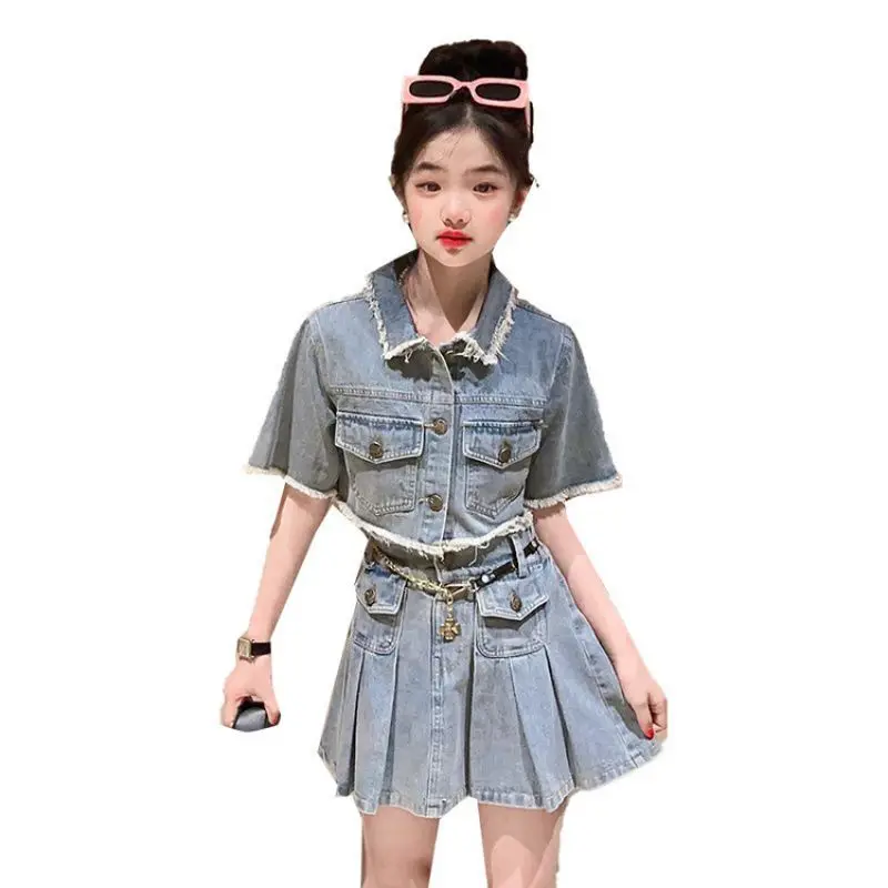 Girls Casual Denim Clothes Suit Summer Teenage Off-The-Shoulder Top+Skirt 2PCS Outfits 4 6 8 10 12 14 Years Costume for Children