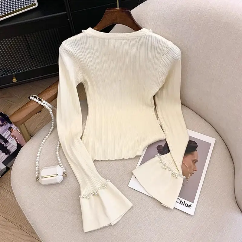 Matakawa Beading Flare Sleeve Women Sweaters Solid Korean Fashion Elegant Pull Femme Autumn Winter Sweet Retro Pullovers