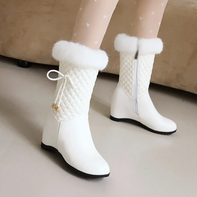 Snow Boots Women Fashion Round Toe Leather Wedges Heels Side Zipper Winter Plush Warm White Platform Boots Size 33 42 43 11-50