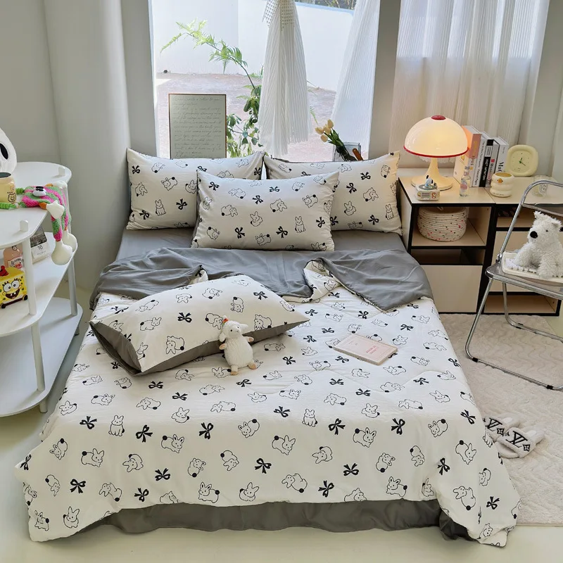 

New cartoon A-class skin friendly cotton spring and summer air conditioning with four piece set for student dormitories, single