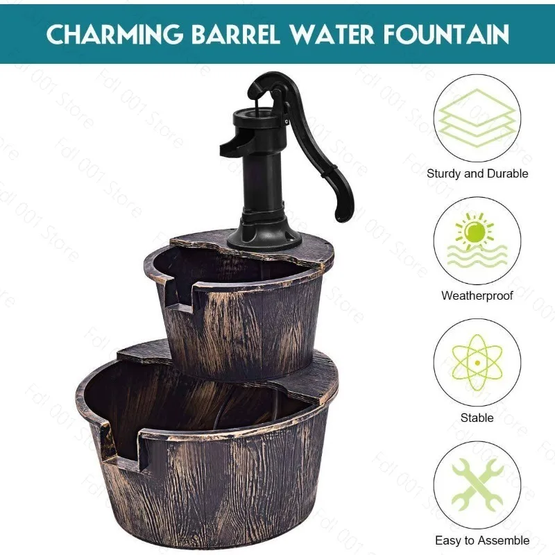 Garden Outdoor Landscape Decoration Fountain Double-layer Plastic Imitation Wooden Barrel Solar Fountain Running Water